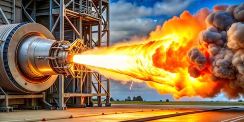 Powerful rocket engine test fire with intense heat and flames