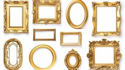 Elegant antique picture frames in gilded gold, isolated on a white background, perfect for showcasing art