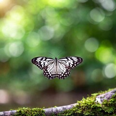Fototapeta premium A close-up photo of a butterfly in flight, wings slightly blurred to convey motion, deep focus on its body and head, eye-level shot capturing its expressive eyes and unique patterns, giving a sense