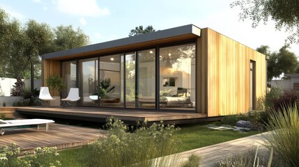 Fototapeta premium Modern Minimalist Tiny Home: A sleek, contemporary tiny home with a wooden exterior, large windows, and a spacious deck. It sits amidst lush greenery, creating a serene and inviting atmosphere.