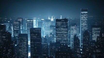 Futuristic urban skyline at night with illuminated skyscrapers and cityscape panoramic view