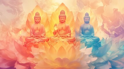 Three Buddha statues in a lotus flower field, illuminated in different colors.