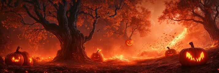 Halloween Pumpkin Forest Background image Neo Art HD Print 05