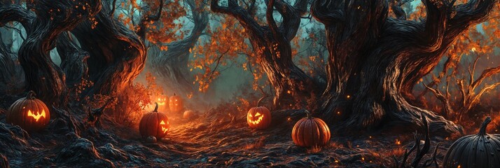 Halloween Pumpkin Forest Background image Neo Art HD Print 06