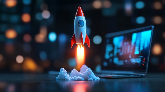 A toy rocket launching in front of a laptop signifies innovation and technology with a vibrant, futuristic backdrop.