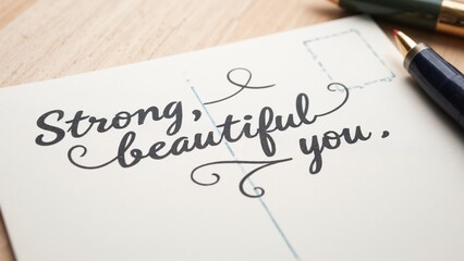 Obraz premium A heartfelt message crafted in elegant calligraphy inspires strength and beauty in a handwritten note on a wooden surface