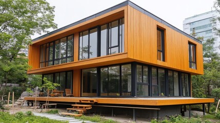 Obraz premium A sleek and contemporary wooden house with large windows and a spacious deck, showcasing its modern design and inviting outdoor living space.