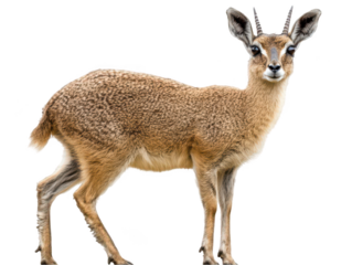 A graceful klipspringer antelope stands alert with its distinctive pointed horns and speckled coat.