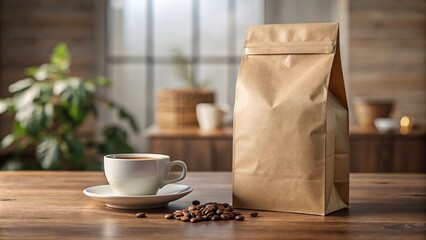 Realistic blank coffee packaging mockup on wooden table
