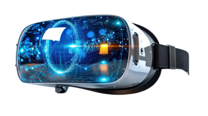 A virtual reality headset with a blue and orange design