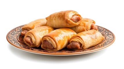Freshly baked sausage rolls on decorative plate - delicious pastry snack