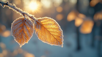 A serene close-up of frozen birch leaves glistening in warm winter light. Perfect for Christmas cards, holiday decorations, and seasonal marketing materials.