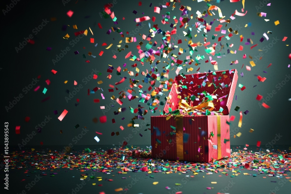 Aufkleber the open gift box releases a burst of colorful confetti and ribbons, filling the surroundings with a
