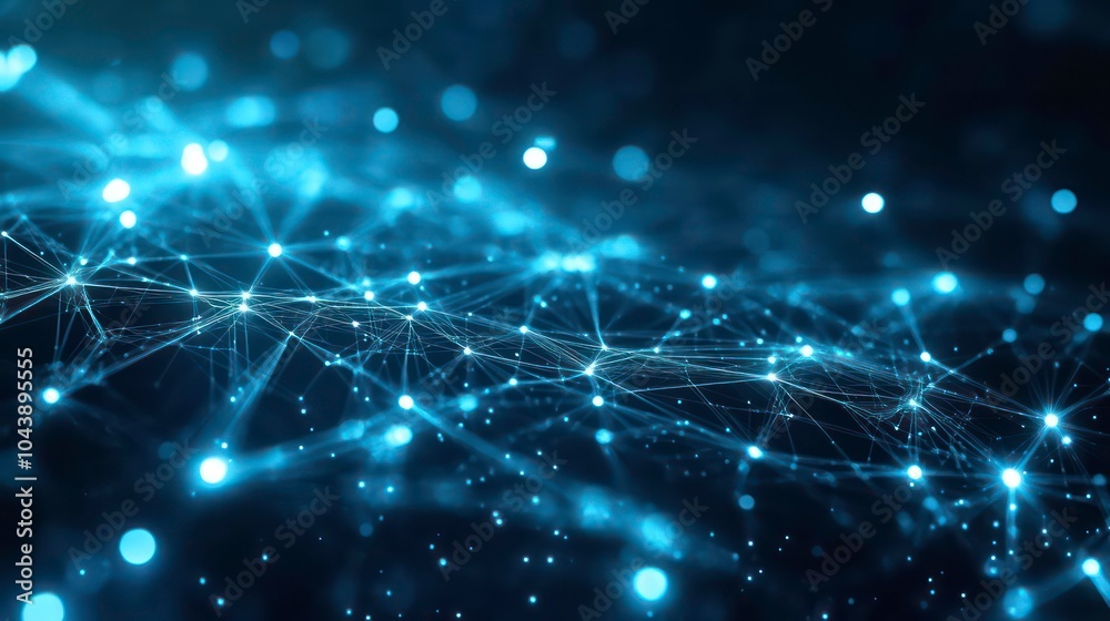 Poster Abstract blue digital network background with glowing nodes and lines.