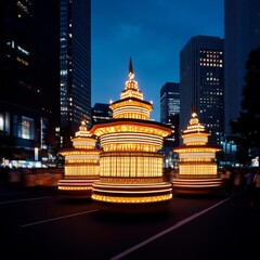 Brightly lit floats glowing in the night, parading through city streets during a festival