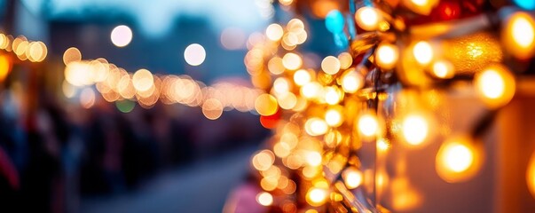 Close-up of twinkling fairy lights on a glowing parade float, casting a warm glow on the crowd