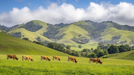 A herd of brown cows graze in a lush green pasture with rolling hills and blue skies in the background.