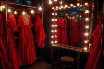 Actors dressing room lit by bulbs with costumes hanging on rack