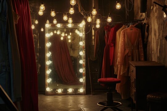Actors dressing room lit by bulbs with costumes hanging on rack