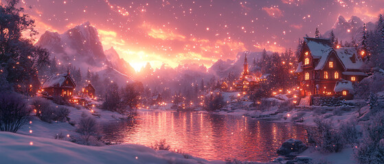 Enchanting Winter Village Sunset with Snowfall and Mountain Peaks