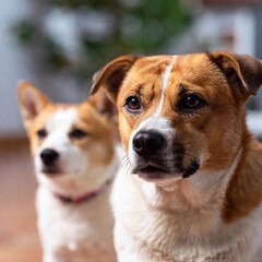 A close-up photo of a dog and cat sitting side by side, deep focus, eye-level shot capturing their faces in detail, showcasing their expressions in a harmonious portrait