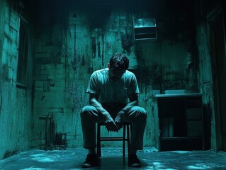 Silhouette of a man sitting in a dark room, representing mental health and depression, AI generated