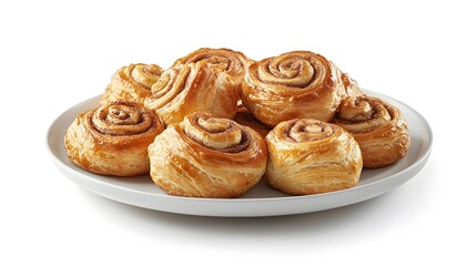 Fototapeta premium Freshly baked cinnamon rolls on white plate - flaky pastry perfection