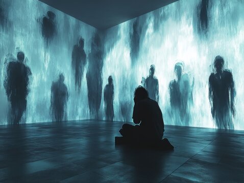 Person surrounded by ghostly figures, representing mental health struggles, paranoia, and depression, AI generated