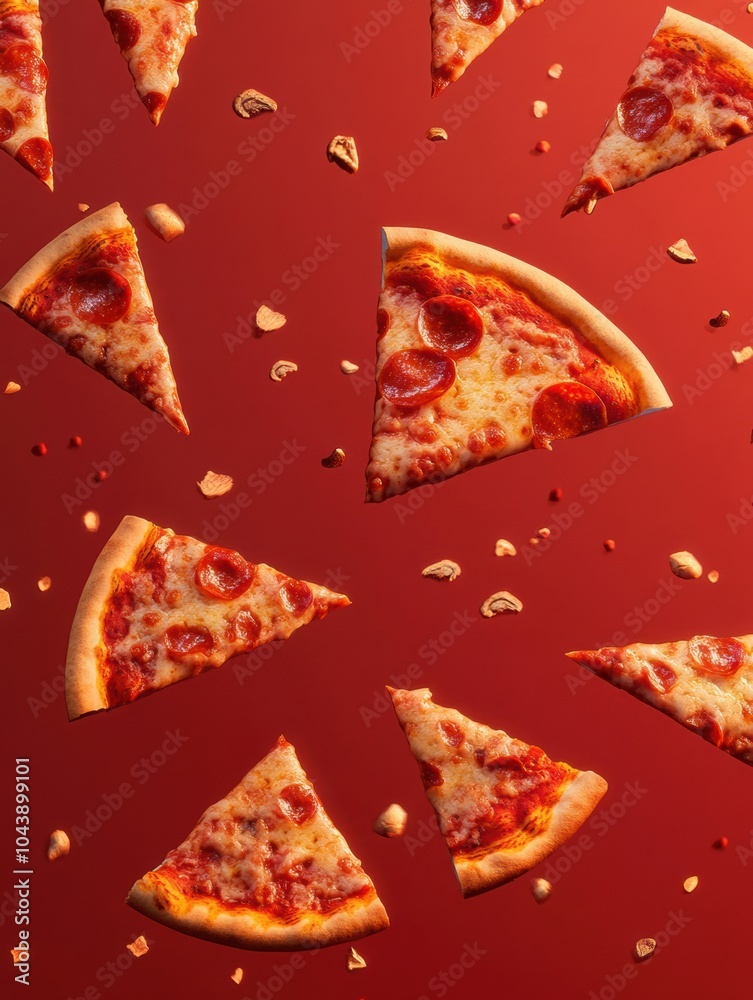 Poster slices of cheesy pepperoni pizza soar diagonally through a vivid red background, inviting viewers to