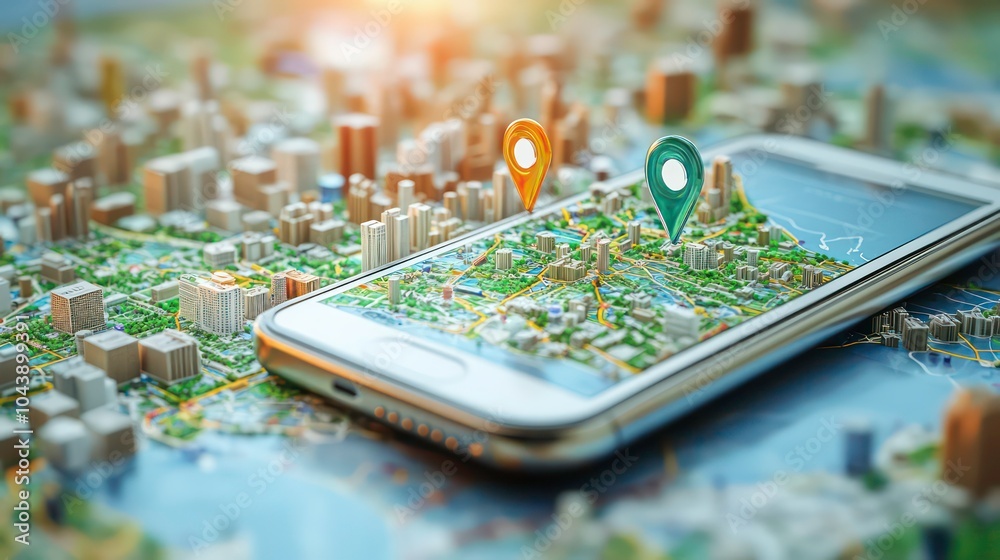 Poster A smartphone with a map app displaying two location markers on a miniature model of a city.