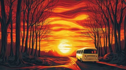 Van Driving Through Sunset Forest