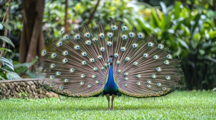 Obraz premium A male peacock displays its vibrant plumage in a lush green garden.