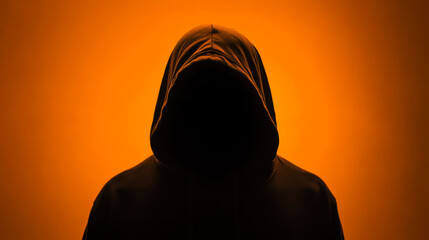 Mysterious figure in a hooded sweatshirt against an orange backdrop, creating an enigmatic atmosphere at dusk
