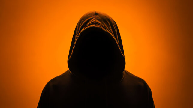 Mysterious figure in a hooded sweatshirt against an orange backdrop, creating an enigmatic atmosphere at dusk