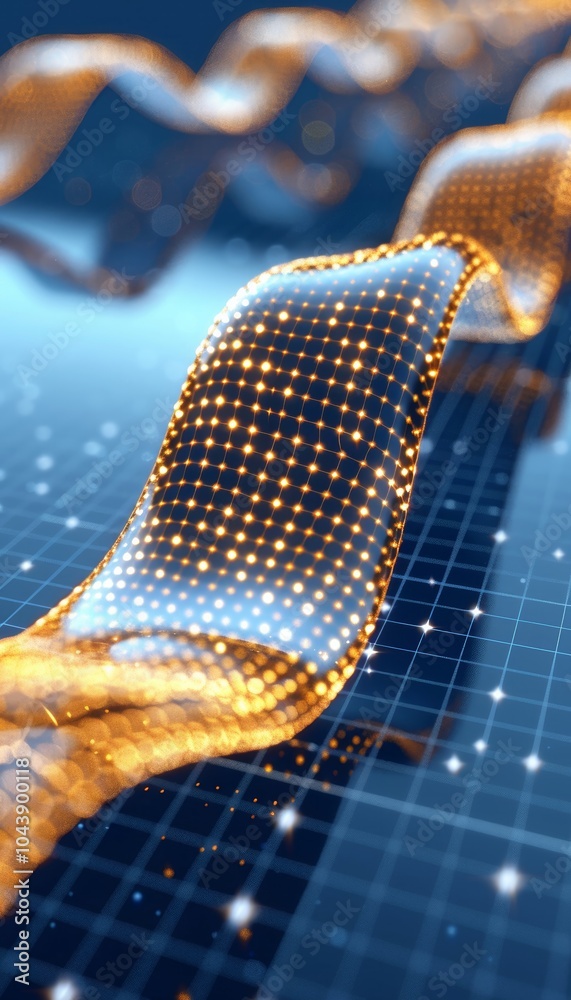 Poster a golden wave with a mesh-like appearance flows gracefully over a digital grid, illuminated with spa