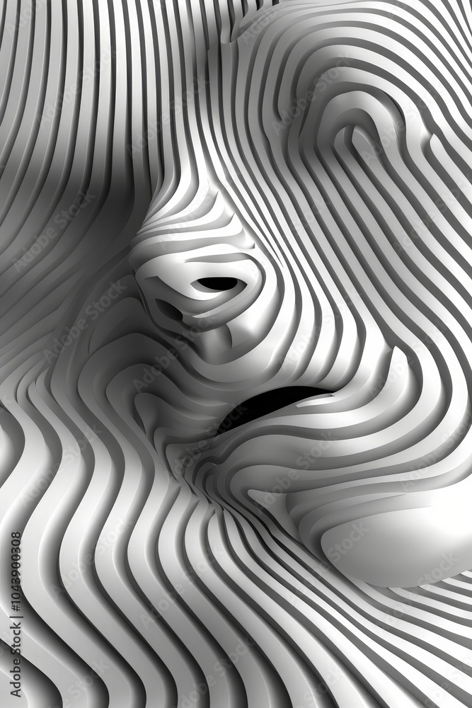 Aufkleber a detailed view of a face emerges from flowing, wavy lines creating an abstract texture. the monochr