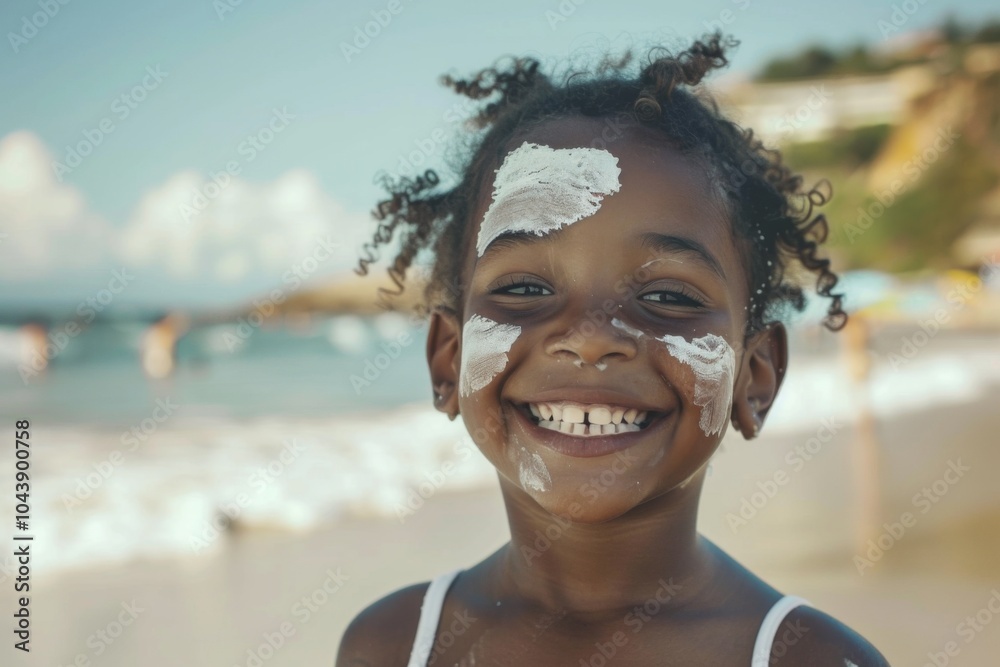 Wall mural portrait of a smiling little girl with sunscreen at the beach