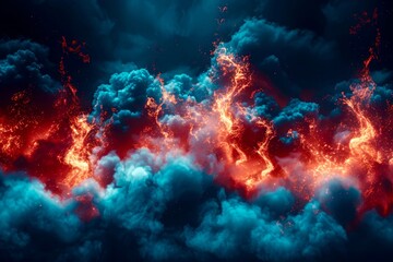 Obraz premium Lava flows brightly through swirling dark clouds, creating a stunning contrast against the backdrop of twilight. The vibrant colors and dramatic formations evoke a sense of natural power and beauty.
