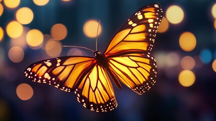Fototapeta premium Glowing butterfly floats with flickering wings, flying above the crowd in the night sky