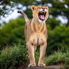 Obraz premium A full shot photo of a lioness in mid-roar, deep focus on its open mouth and intense facial expression, low-angle shot capturing the full body and the dynamic energy of its powerful stance