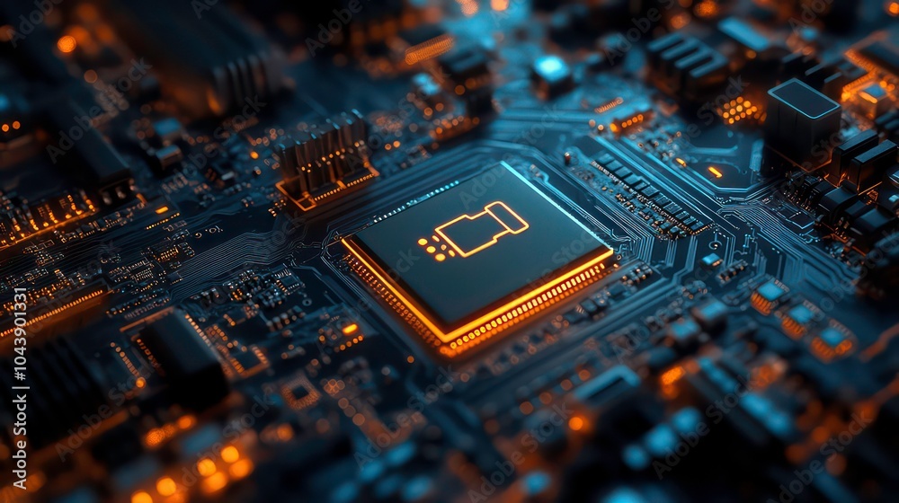 Aufkleber A glowing orange CPU with a data icon on a circuit board.