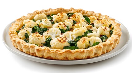 Delicious cauliflower tart with spinach and golden brown crust on white plate