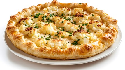Delicious cauliflower tart with flaky crust and fresh herbs on white plate