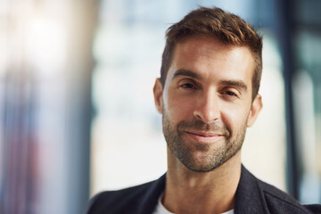 Fototapeta premium Smile, confident and portrait of businessman in office with happiness for finance trade career. professional, pride and stock market expert from Canada for financial capital with investment profit