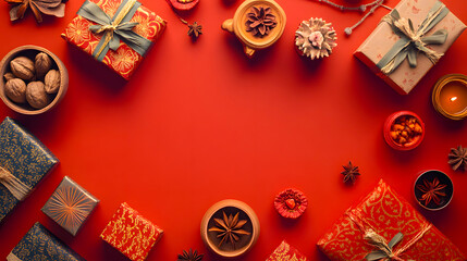 Happy Diwali Banner Flat Lay with Gifts