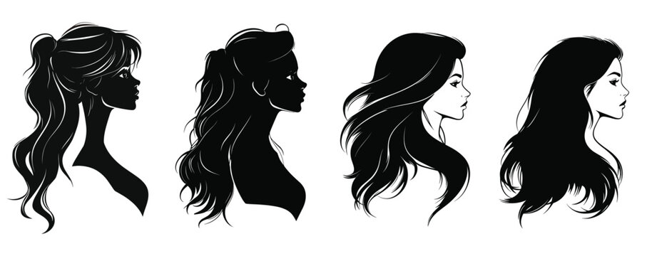 woman hairstyle, hand drawn hairstyle for female, cute girl collection,Beautiful girl silhouette vector drawing hair on side face logo,Silhouette of beautiful girl in profile with long hair