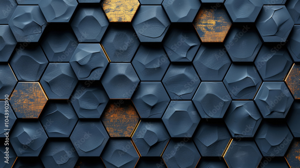Poster This composition features an array of dark hexagonal tiles with varied textures and subtle golden highlights, creating a visually appealing pattern that adds depth to any space.