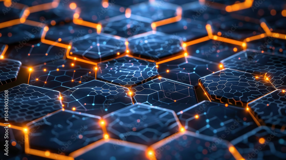 Poster the image depicts a close-up view of intricate hexagonal patterns on a dark surface, illuminated by 