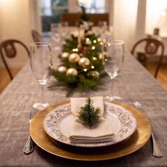 Fototapeta premium An intimate ground-level close-up of a New Year Eve dining table, showcasing a beautifully set place with festive plates and cutlery, using a split diopter to emphasize both the table setting and the