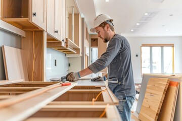 Professional installing new kitchen cabinets in a modern home